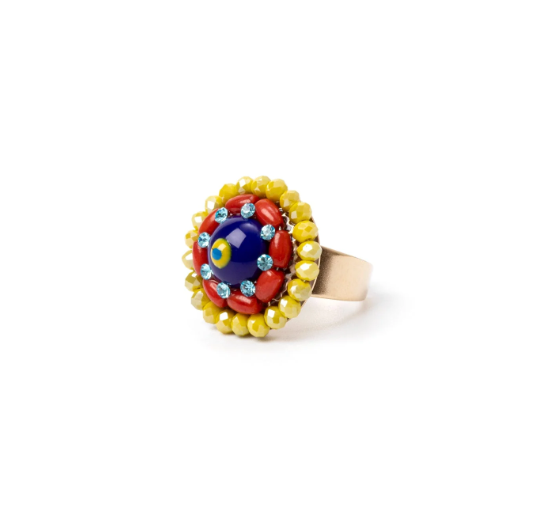 Anello con fiore di perline, cristalli e cabochon Partenope - Multicolor