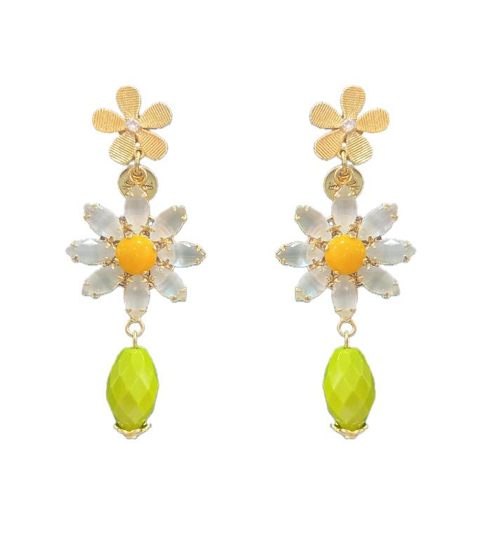 Orecchini con doppia margheritina e ciondolo verde Flora - Multicolor