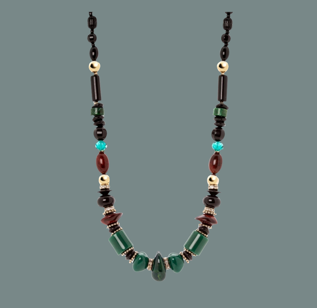 COLLANA CON CILINDRETTI,PIETRE E DISCHETTI CAPUA