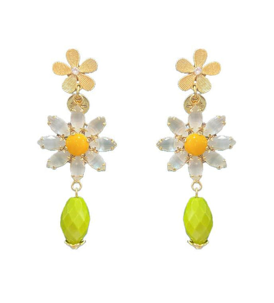 Orecchini con doppia margheritina e ciondolo verde Flora - Multicolor