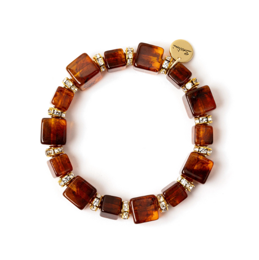 Bracciale elastico con elementi cubici e anellini Yaba - Marrone