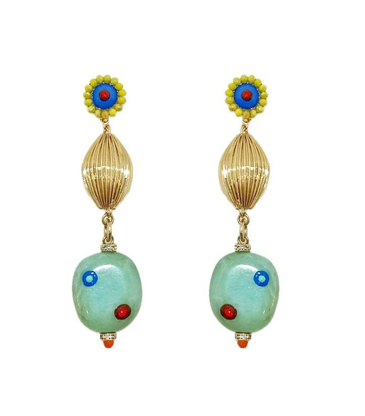 Orecchini con doppio pendente boule scanalata oro e pietra color crisopazio decorato con smalti